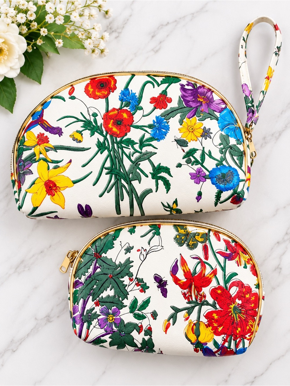 NWT 2-Piece Floral Makeup Bag Set Cosmetic Pouch Wristlet